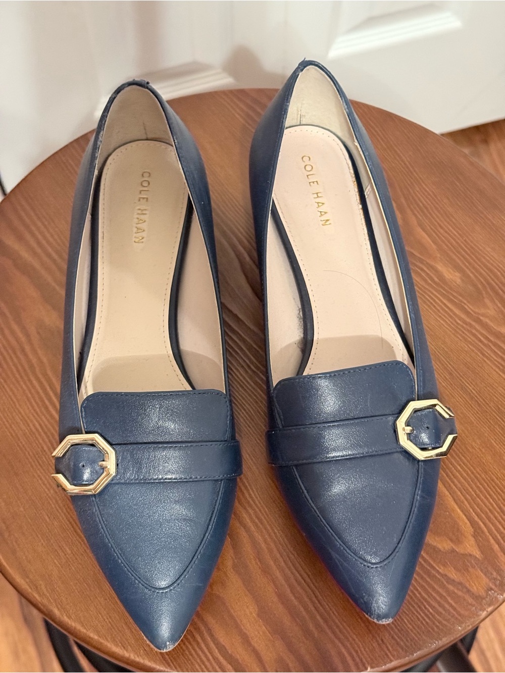 Cole Haan Navy Leather Pointed-Toe Flats with Gold Accent